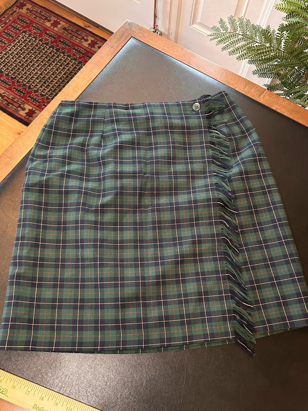 Tribal Green and Navy Plaid Mini Skirt with Fringe Wrap